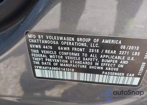 2013 Volkswagen Passat 2.5L Wolfsburg Edition из США, поврежденный, VIN 1VWAH7A39DC141018